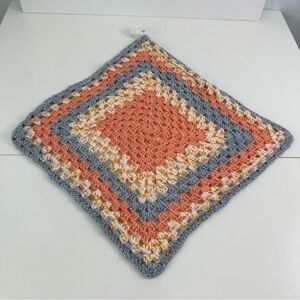 Crochet Granny Square Lap Blanket With Hanging Ring Peach, Blue, & Cream